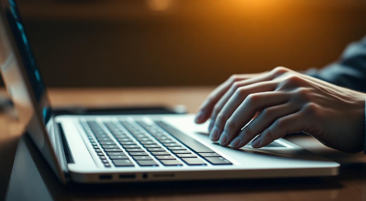 Hands typing on a laptop with subtle data overlay