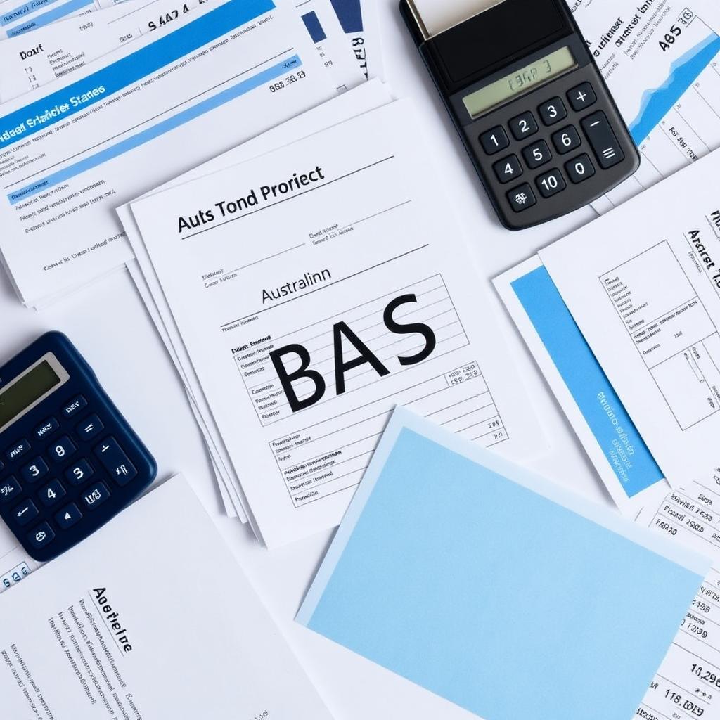 Overhead view of organised Australian BAS and tax documents