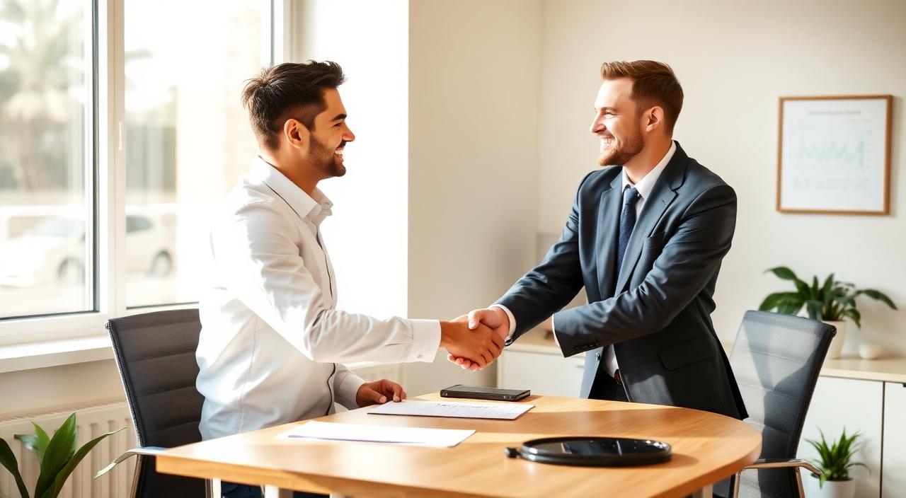 Accountant and client shaking hands in a bright office