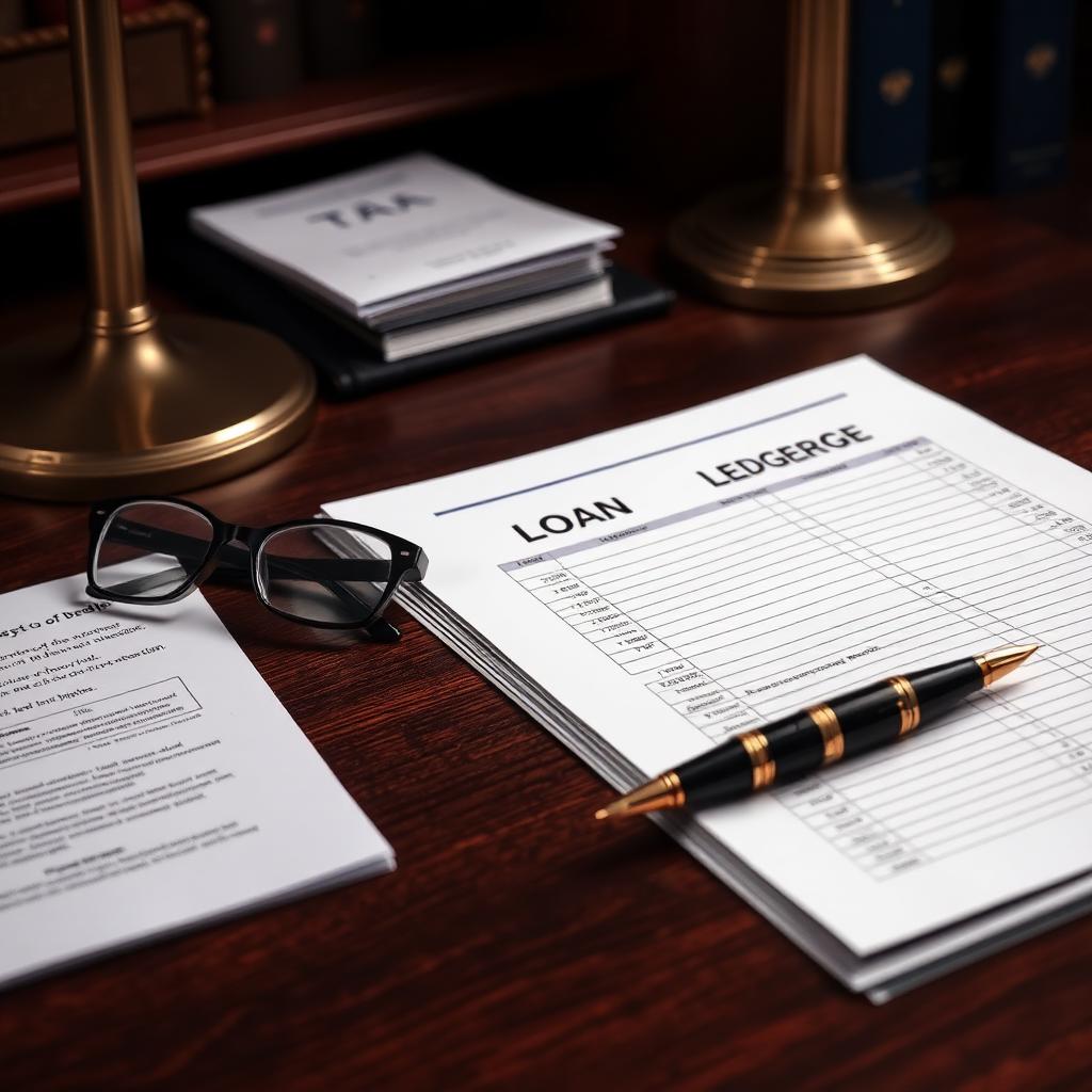 Loan ledger and tax documents on a dark wood desk with pen and glasses