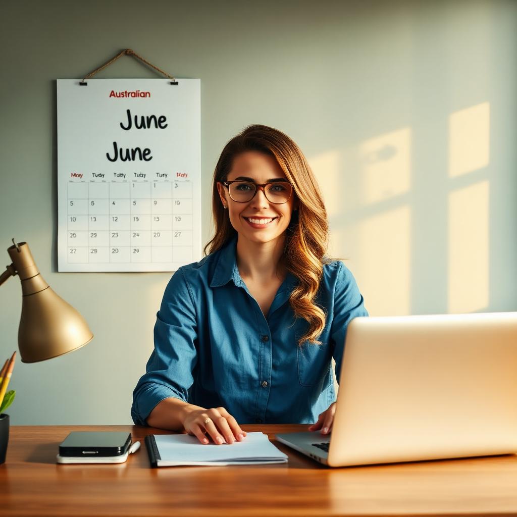 Solo Australian bookkeeper at a sunlit desk with a June wall calendar