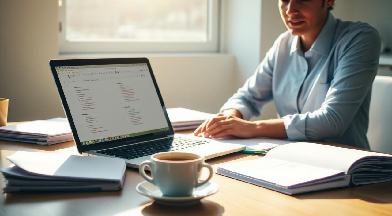 Australian bookkeeper at a sunlit desk reviewing a checklist