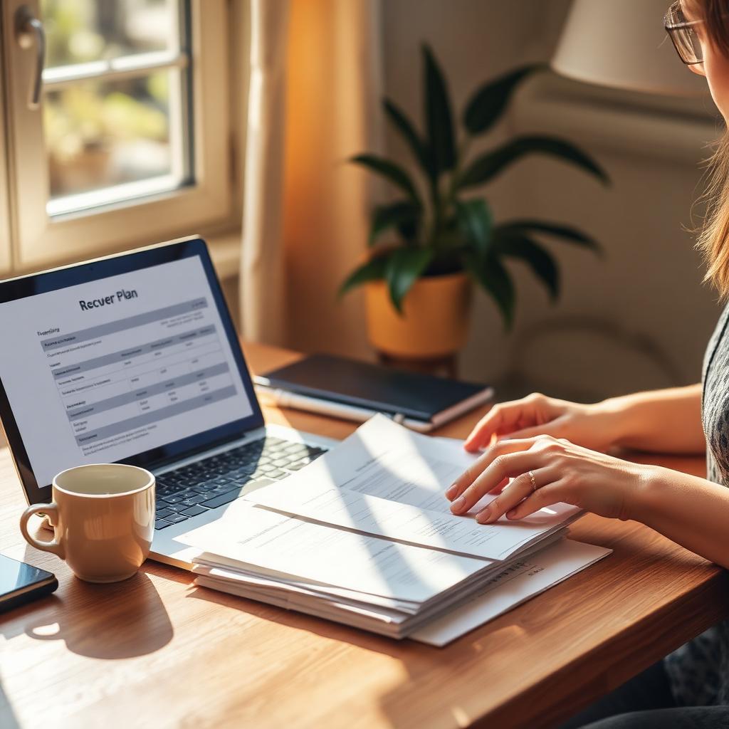 Australian bookkeeper sorting paperwork at a sunlit desk in July