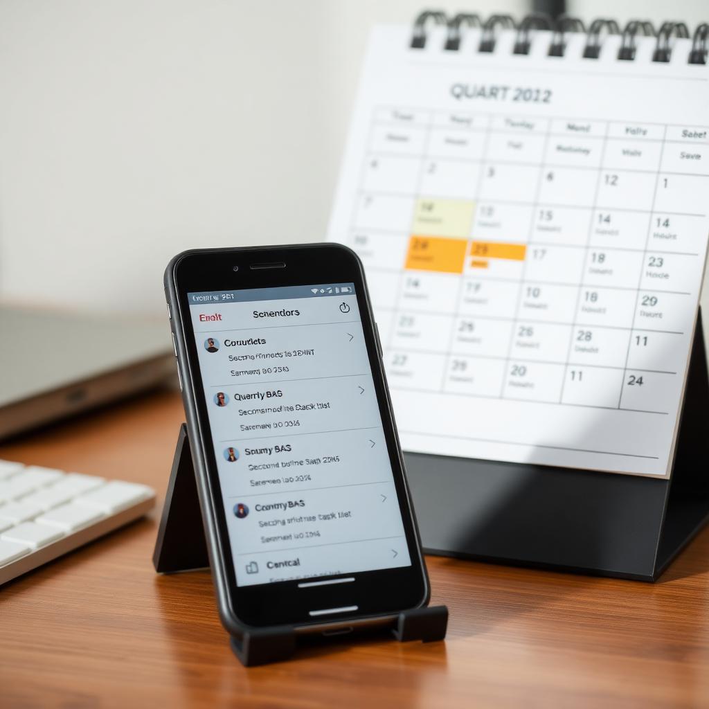 Smartphone displaying scheduled BAS reminders beside a calendar